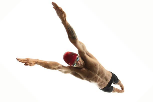istock Caucasian professional sportsman, swimmer training isolated on white studio background 1278793617