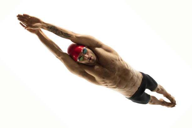 istock Caucasian professional sportsman, swimmer training isolated on white studio background 1278793656