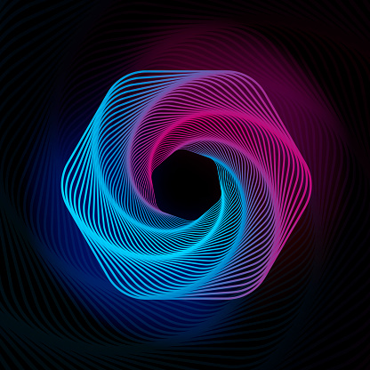 Spiral hexagon. Radial soundwave. Geometric pattern. Swirl lines and waves banner. Futuristic web wallpaper. Spirograph. Motion pulse. Geometric line art. Vector illustration.