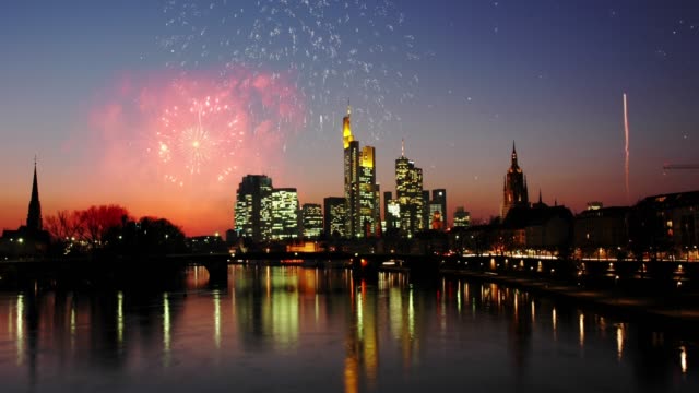 Bankenviertel Frankfurt Illuminated by Fireworks at Night