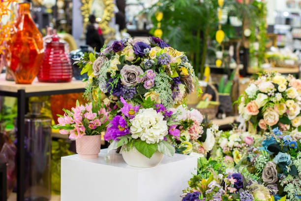 istock Bouquets of artificial flowers, rose hydrangea violet crocus, floristry. flower sales, interior design 1278800503