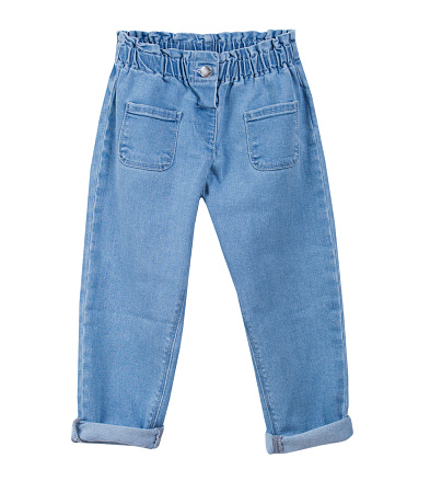 Blue child's jeans isolated on white.Loose trendy pants.Denim kid's trousers,Fashion clothes.