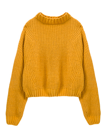 Suéter de color amarillo aislado en blanco. Ropa de mujer de moda. Ropa de punto. photo