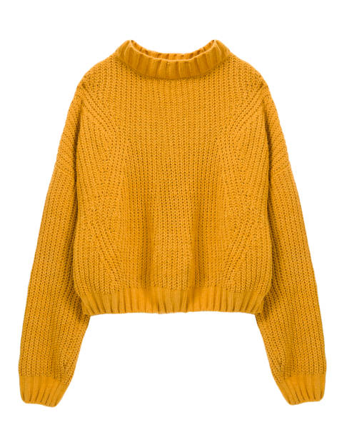 colore giallo maglione isolato sul bianco. abbigliamento donna alla moda. abbigliamento a maglia. - fatto a maglia foto e immagini stock