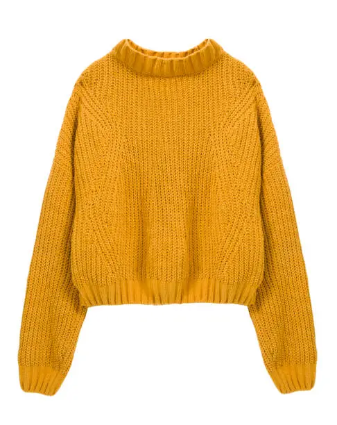 Photo of Sweater yellow color isolated on white.Trendy women's clothing.Knitted apparel.