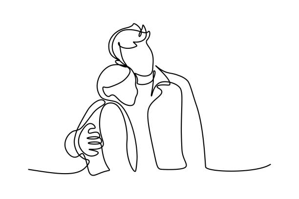 Happy couple Portrait of happy couple in continuous line art drawing style. Man in love put his arms around girlfriend. Love and friendship black linear sketch isolated on white background. Vector illustration attached illustrations stock illustrations
