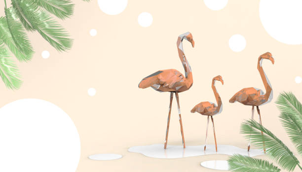 istock Creative summer beach and holidays with Flamingo Concept and leaf on Yellow background - 3d rendering 1278803566