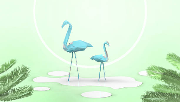 istock Creative summer beach background and holidays Flamingo Concept with leaf on Green background - 3d rendering 1278803622
