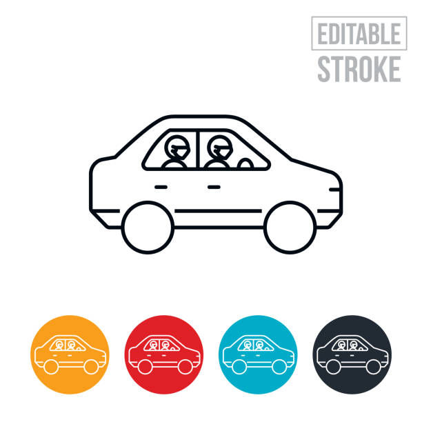 Carpooling Wearing Face Masks Thin Line Icon - Editable Stroke An icon of two people carpooling together while wearing face masks. The icon includes editable strokes or outlines using the EPS vector file. uber driver stock illustrations