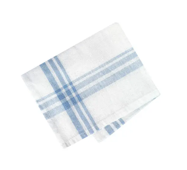Folded kitchen towel isolated on white.Domestic cloth,napkin of white color with blue stripes.