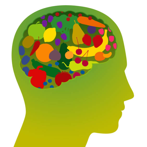 istock Brain with colorful fruits and vegetables, as a symbol for healthy, nutritious, vitamin rich food for health conscious vegans and vegetarians. Vector illustration on white background. 1278803849