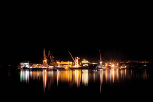 ULSTEIN, NORWAY - 2016 FEBRUARY 12. Kleven Yard by night with newbuilding vessels
