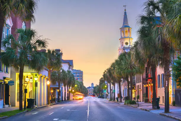 Charleston, South Carolina, USA in the French Quarter at twilight.