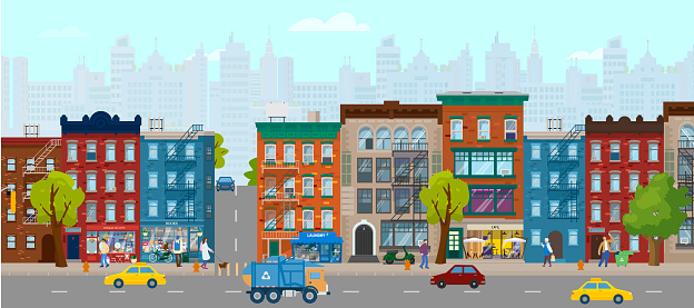 Horizontal summer city panorama with houses, shops, people, cars, scycrapers at the background. City street.  Flat vector illustration.