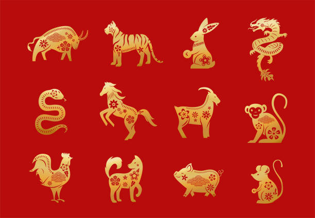 ilustraciones, imágenes clip art, dibujos animados e iconos de stock de animales del zodiaco chino. doce personajes de oro asiáticos de año nuevo aislados sobre fondo rojo. ilustración vectorial de símbolos del horóscopo del calendario de astrología - year of snake