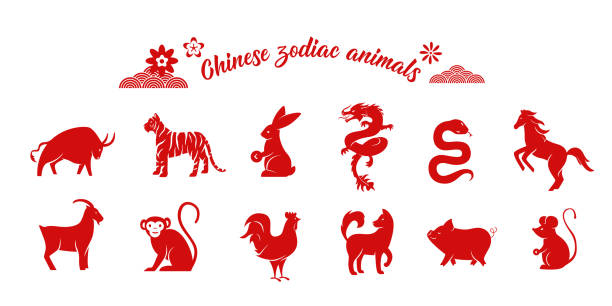 chinesische tierkreis-tier-sammlung. zwölf asiatische neujahr rote zeichen logos auf weißem hintergrund isoliert. vektor-illustration von astrologie-kalender-horoskop-symbolen - jahr des schafes stock-grafiken, -clipart, -cartoons und -symbole