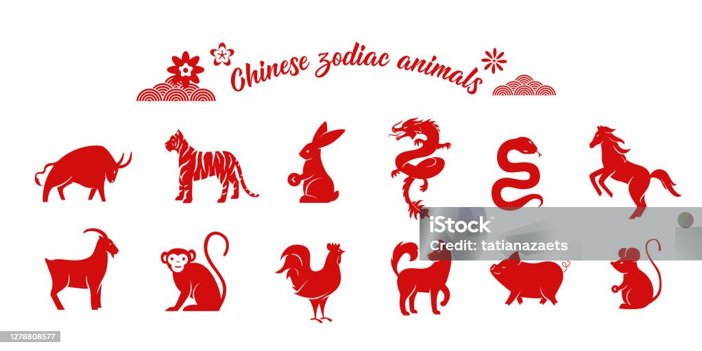 Chinese Zodiac Animal Collection Twelve Asian New Year Red Character Logos  Set Isolated On White Background Vector Illustration Of Astrology Calendar  Horoscope Symbols Stock Illustration - Download Image Now - iStock