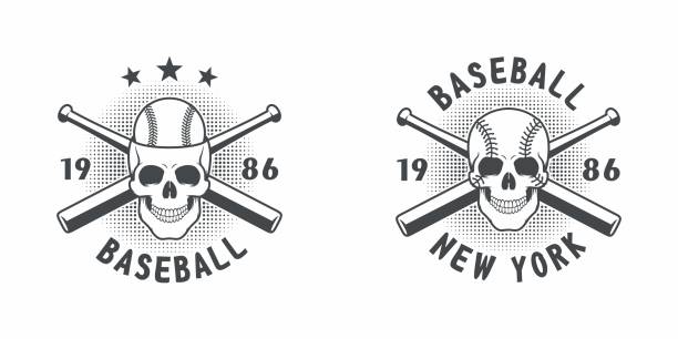 set von schwarz und weiß kreative illustrationen von schädel, kugel, fledermaus und sterne mit text auf weißem hintergrund. - skull baseball ball stock-grafiken, -clipart, -cartoons und -symbole