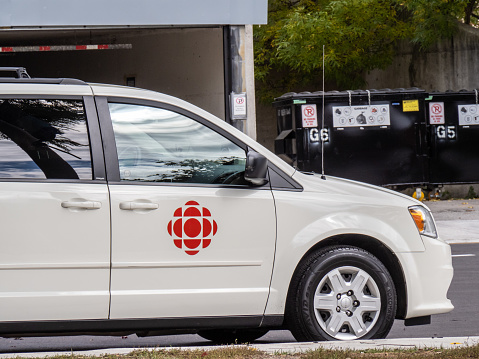 Toronto Canada; A CBC Toronto television news remote production van at the waterfront