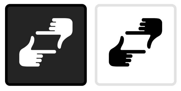 Hand Framing Icon on  Black Button with White Rollover Hand Framing Icon on  Black Button with White Rollover. This vector icon has two  variations. The first one on the left is dark gray with a black border and the second button on the right is white with a light gray border. The buttons are identical in size and will work perfectly as a roll-over combination. finger frame stock illustrations