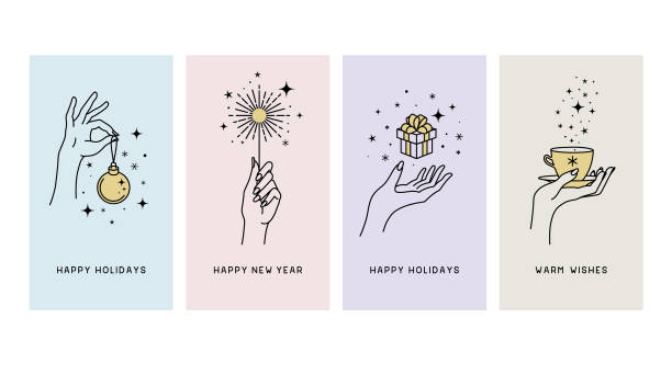 Happy holidays greetings Boho Christmas and New Year greeting cards.
Editable vectors on layers. hand holding gift stock illustrations