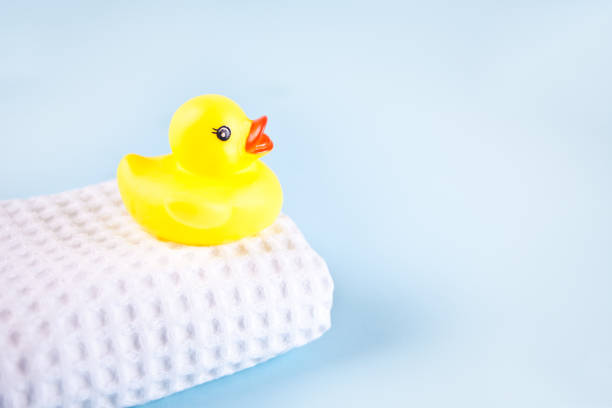 yellow bath rubber duck on white waffle towel on the blue pink background. Copy space.