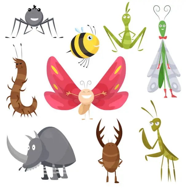 Vector illustration of Set of funny cartoon insects isolated on white. Vector bee, butterfly, spider, wasp, mantis, dragonfly, rhinoceros beetle, characters. Collection happy comic bugs. Colorful hand drawn illustration