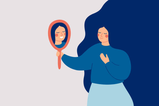 Young woman looks at the mirror and sees her happy reflection. Young woman looks at the mirror and sees her happy reflection. Self-acceptance and confidence concept. smiling illustrations stock illustrations
