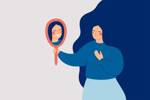 Vector illustration of Young woman looks at the mirror and sees her happy reflection.