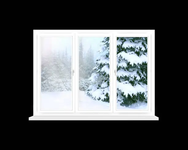 Photo of Window overlooking winter forest. Panorama to snowy trees from room windows