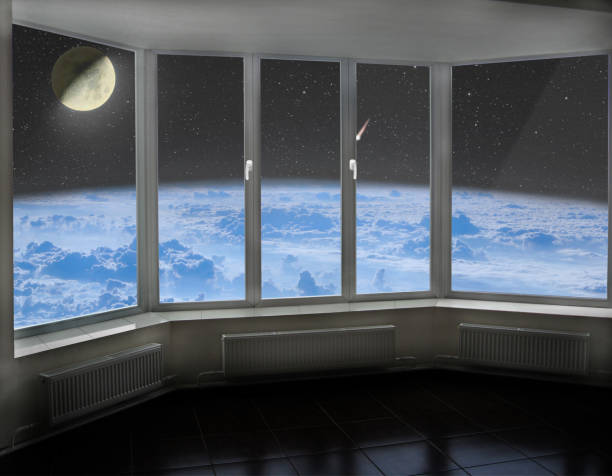 istock Room window with view to space above Earth's atmosphere Moon comet and cosmos 1278818715