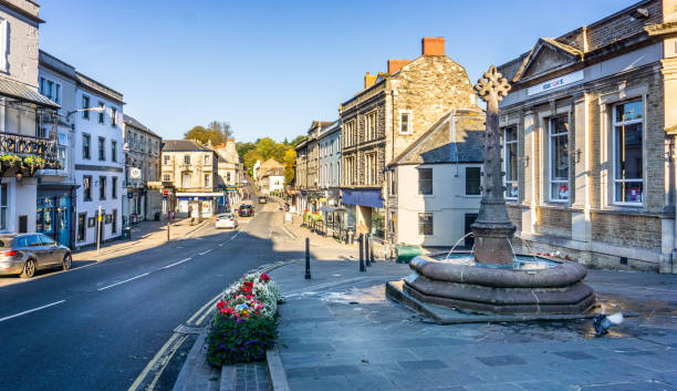 Frome town centre & Market Cross in Market Place, Frome, Somerset, UK stock photo