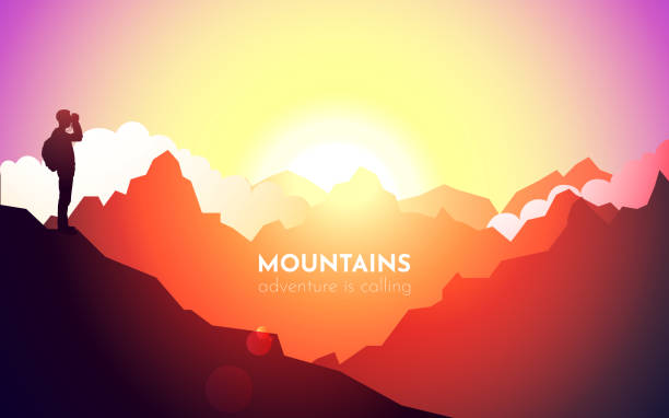 Tourist on top looks in binoculars. Explorer. Landscape with mountains and sun. Sunset. Sunset. Morning. Evening. Clouds and forest. Mountainous terrain. Abstract background. Vector illustration. Tourist on top looks in binoculars. Explorer. Landscape with mountains and sun. Sunset. Sunset. Morning. Evening. Clouds and forest. Mountainous terrain. Abstract background. Vector illustration. binoculars silhouettes stock illustrations