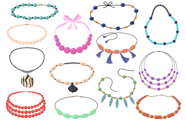 ilustrações de stock, clip art, desenhos animados e ícones de beautiful necklaces with beads flat set - necklace jewelry bead homemade