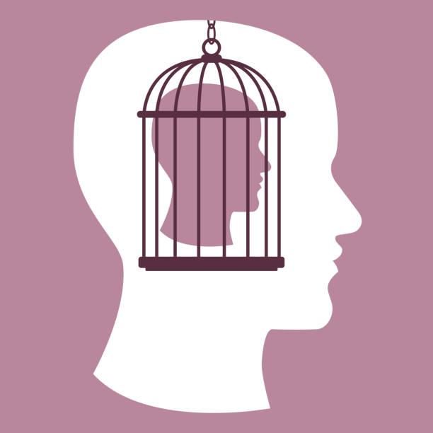 Cage Inside the Head that Imprisons the Ego Vector Illustration of a Human Head with a Cage Inside that Imprisons the Ego. trapped fear people business stock illustrations