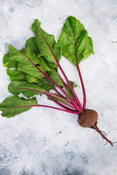 istock Fresh beetroot with leaves. Healthy food. Beetroots. Organic beet, beetroot on grey rustic background. Green living concept. Organic food. 1278821881
