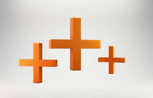 Orange Plus icon isolated on white background. 3D rendered digital symbol.