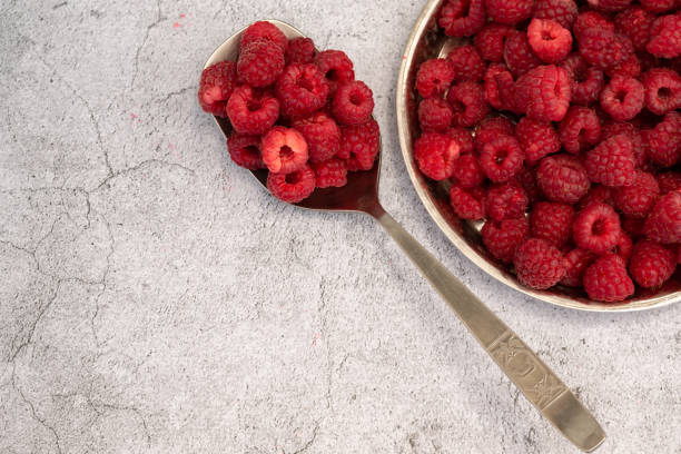 Fresh picked raspberries on grey background, healthy eating concept