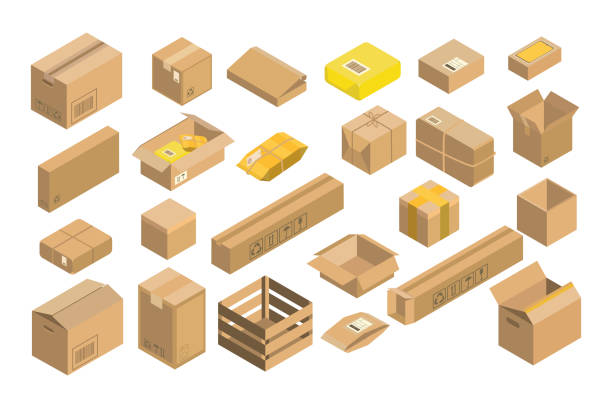 Isometric parcel icon. Set packing box vector illustration isolated on white background. Isometric style icon. Set of parcels isolated on white background. Vector illustration of packing box, cardboard boxes, carton packaging, cardboard box for delivery. big cardboard box stock illustrations