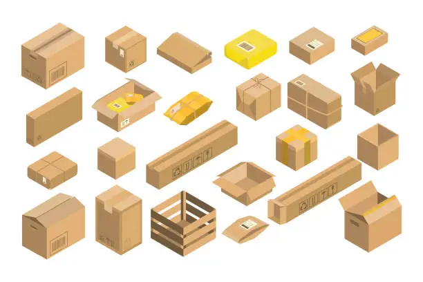 Vector illustration of Isometric parcel icon. Set packing box vector illustration isolated on white background.