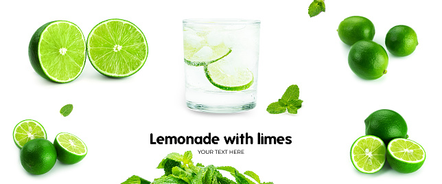 Lime lemonade with ice and mint on white background. Long header banner format. Panorama website header banner. High quality photo