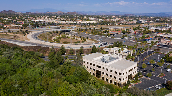 Daytime aerial view of the downtown business district of Murrieta, California, USA.