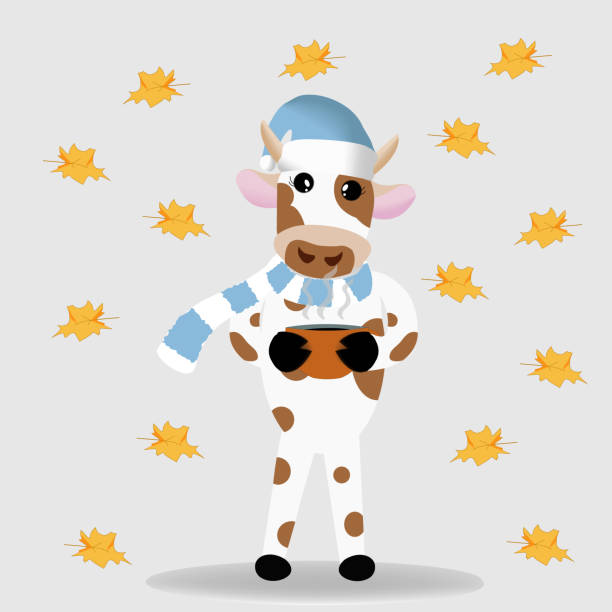 illustrazioni stock, clip art, cartoni animati e icone di tendenza di un toro carino con un cappello blu e una sciarpa si alza e tiene una tazza in mano. si mantiene caldo dal freddo autunno. le foglie cadono sullo sfondo. concetto autunnale. tazza di caffè calda. simbolo del 2021. vettore - drink falling concepts humor