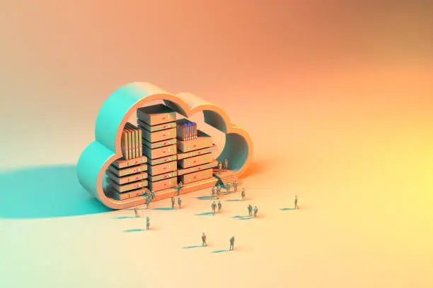 Cloud Servers Background Concept. Crowd of people standing near large cloud server. 3D render