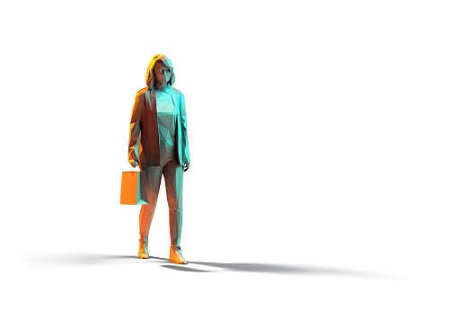 Shopping 3d render concept. Unrecognisable woman walks with shopping bag. Isolated on white background