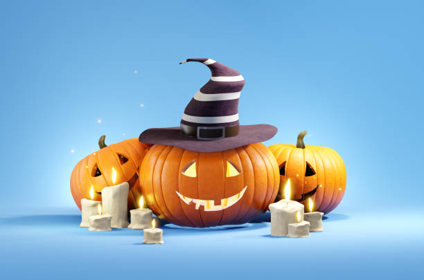 istock Happy Halloween, three cheerful pumpkins next to candles on a soft blue background. 3D rendering. 1278833672