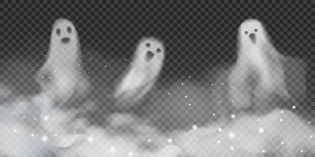 Set of realistic vector ghosts in fog. 3d smokes looking like night ghouls in mystic glittered smoke. Halloween illustration of scary poltergeist or phantom Set of realistic vector ghosts in fog. 3d smokes looking like night ghouls in mystic glittered smoke. Halloween illustration of scary poltergeist or phantom. ghost stock illustrations