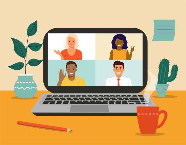 Video conference of different people. Laptop on the desk. Vector flat cartoon style illustration Video conference of different people. Laptop on the desk. Vector flat cartoon style illustration video meeting stock illustrations