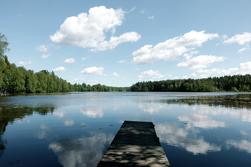 Wooden pier at the shore of a forest lake on a summer day.