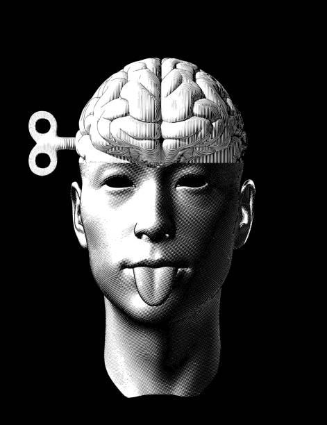illustrazioni stock, clip art, cartoni animati e icone di tendenza di testa umana lingua appiccicosa e cervello con fine chiave illustrazione vettoriale vintage - art brain contemplation cyborg